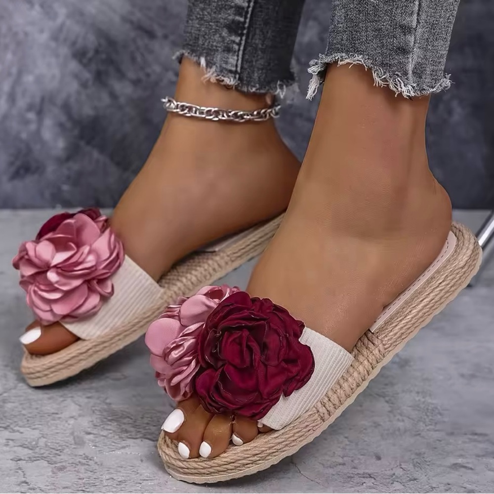 Red and Pink Slide Sandals with Floral Embellishments - Picture 6 of 7